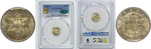 1862/1 Silver Three Cent Piece PCGS MS-67 CAC Cover