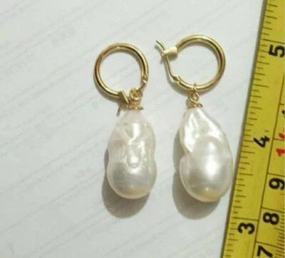 REAL HUGE 14x22MM WHITE BAROQUE PEARL LEVERBACK EARRINGS - Image 1 of 4