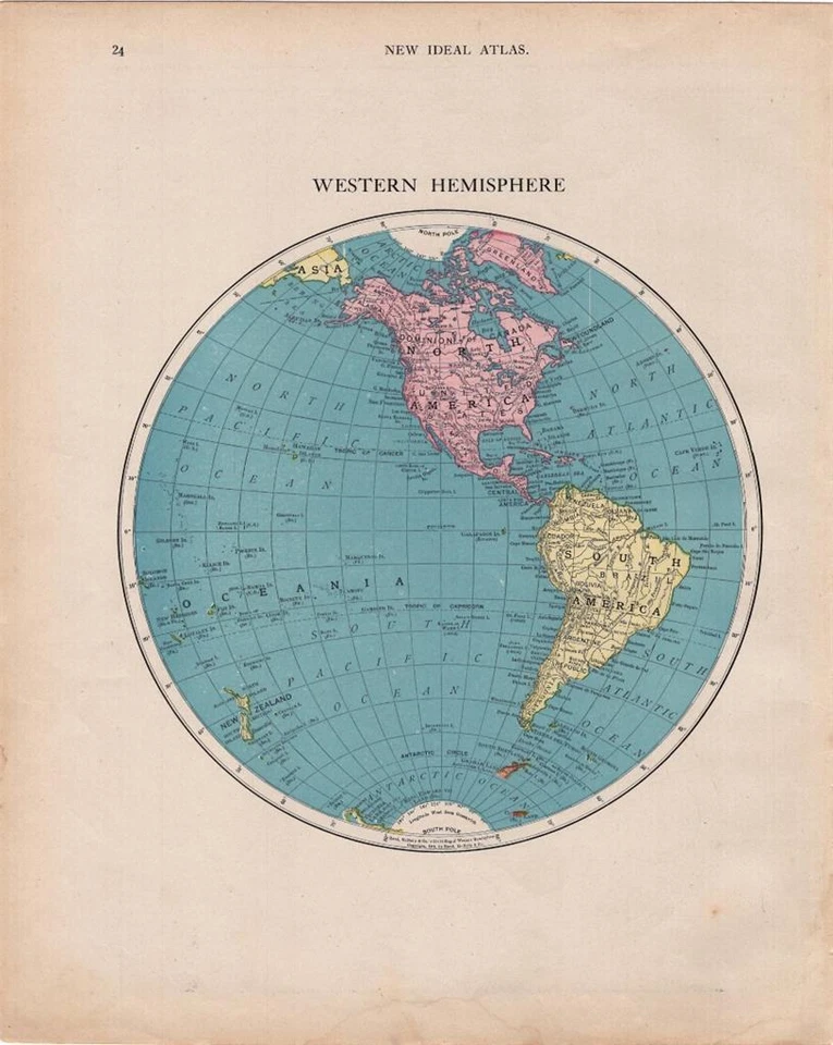1911 ANTIGUO RAND MCNALLY NUEVO MAPA ATLAS IDEAL-HEMISFERIO OCCIDENTAL Foto 1 de 1