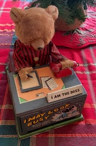 Vintage Linemar Trademark 'I Am The Boss' Battery Litho Bear Tin Toy, Japan - Picture 1 of 6