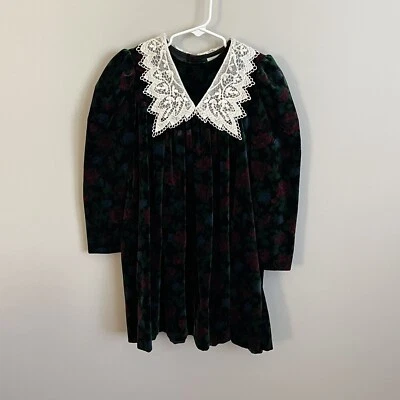 Rare Editions 6x Vintage Velvet Floral Holiday Dress With Eyelet Lace Collar - Image 1 of 4