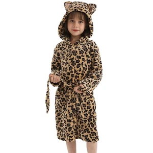 Cute Leopard Cat Fleece Hooded Robe Soft Plush Bathrobe for Girls 3Y-12Y - Picture 1 of 17