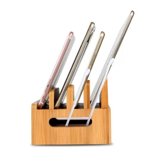 Bamboo Multi-device Organizer Stand Charging Station Dock For Phone iPad Tablet - Picture 1 of 9