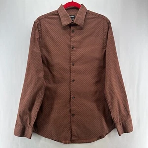 Express 1MX Shirt Mens M Button Up Long Sleeve Stretch Collared Geometric Brown - Picture 1 of 11