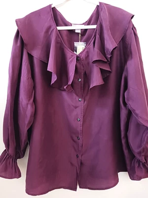 Blusa Adrian Jordan Talla 26/28 100% Seda Fina Púrpura Cuello Volantes Camisa Manga Abullonada Foto 1 de 4