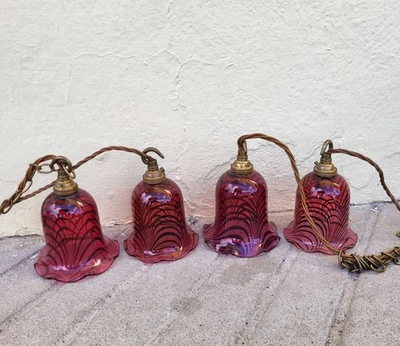 Juego de 4 lámparas colgantes vintage de vidrio remolino de arándano, rosas de techo, cadenas Foto 1 de 4