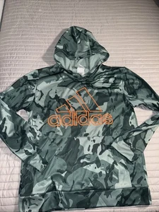 Adidas Boys Pullover Hoodie Green Camo Orange Logo Kids Sz L 14/16 - Picture 1 of 10