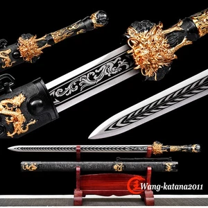 40" Straight Sharp Black Chinese Kungfu Sword Dragon King Han Jian Double Edge - Picture 1 of 13