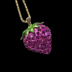 Betsey Johnson Sparkling Crystal Dark Pink Rhinestone Strawberry Necklace NWT - Picture 1 of 4