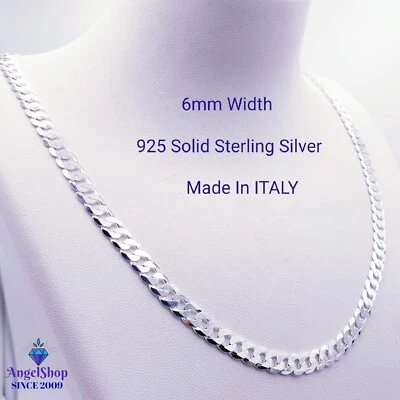 925 Italy Solid Sterling Silver Curb Chain Necklace 6mm 46cm 50cm 55cm 60cm - image 1 of 4