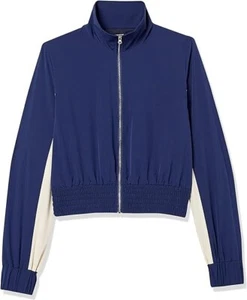 Womens Front Zip light weight wind breaker cropped two tone blue/tan jacket (L) - Picture 1 of 7