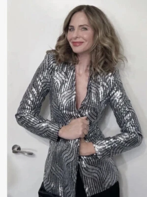 ABRIGO CHAQUETA BLAZER ZARA NUEVO PLATA LENTEJUELAS SIN SOLAPA TALLA S REF. 9355/657 Foto 1 de 4