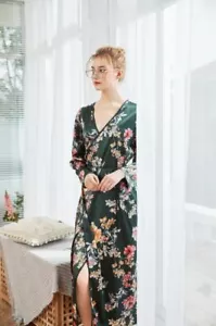 Luxurious Ladies Green Flower Prints Long Silky Dressing Gown Bath Robe ladpj246 - Picture 1 of 6