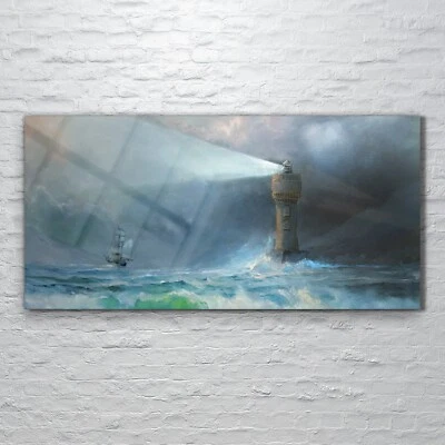 Glasbilder Wandbild Druck auf Glas 120x60 bild Meeres Sturm wellen Leuchtturm - Bild 1 von 4