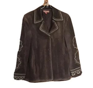 Nordstrom Women L Embroidered Brown Suede Leather Jacket 3 Button Collar Pockets - Picture 1 of 10