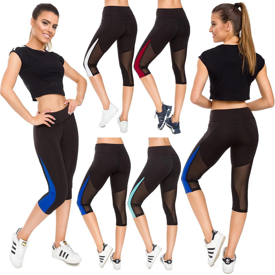 Mujer Capri 3/4 Leggings Neon Insert 4Way Stretch Formula Running Gym S-XL G231 Foto 1 de 1