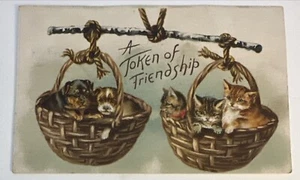 A Token Of Friendship Postcard Adorable Basket Of Puppies And Kittens Germany - Picture 1 of 2