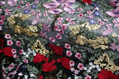 Multicolor floral heavy embroidered black mesh tulle lace fabric diy party dress - Image 1 of 4