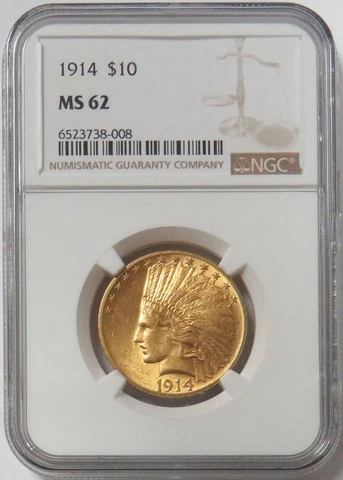 1914 GOLD $10 INDIAN HEAD COIN NGC MINT STATE 62 Cover