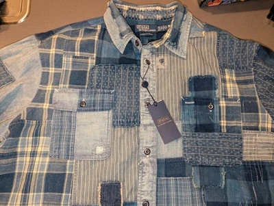 NUEVO Polo Ralph Lauren Envejecido Patchwork Reparado Camisa Azul Índigo Raro Med Foto 1 de 4