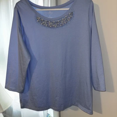 St John’s Bay Ladies Size XL Light Blue 3/4 Sleeve Top Pearl & Beads At Neck - Image 1 of 4