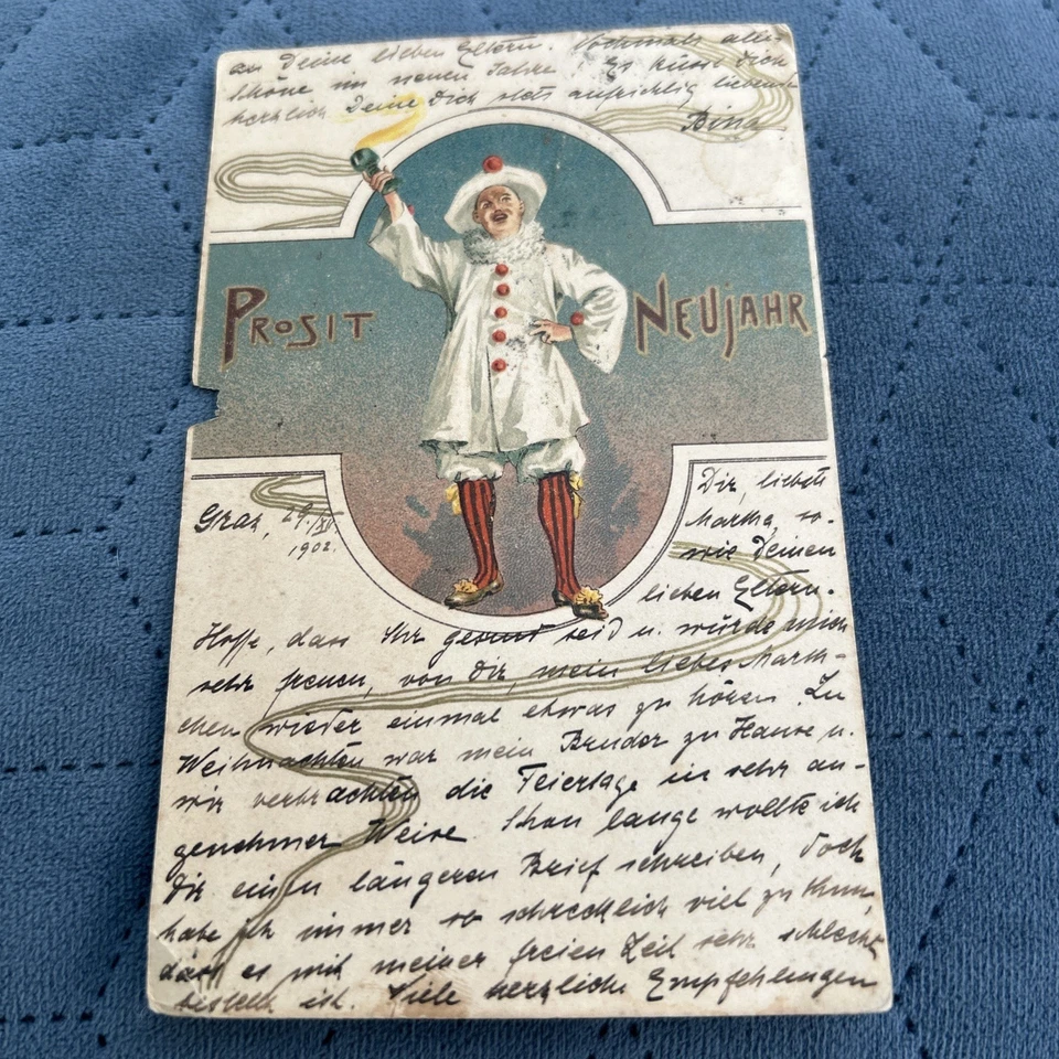 6x HOLD TO THE LIGHT CHRISTMAS GREETINGS 1902 PROSIT NEUJAHR  - Image 1 of 4