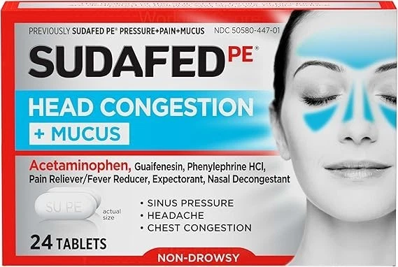 Sudafed PE Head Congestion + таблетки от слизи для синусового давления, боли и заложенности - Изображение 1 из 4