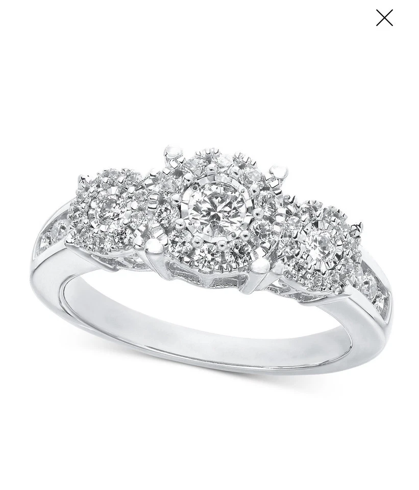 Anillo de compromiso de tres piedras de diamantes (3/4 quilates) t.w.) en oro blanco de 14k Foto 1 de 4