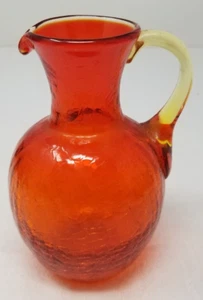 Creamer Pitcher Orange Crackle Glass Mid Century Modern Handmade - Picture 1 of 9