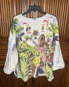 Michael Leu Sweater Womens One Size OS White Tropical Landscape Art Apparel - Picture 1 of 13