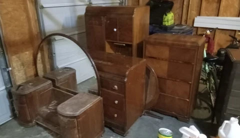 Art Deco Waterfall Bedroom Set Vanity Chifforobe Dresser Chest of Drawers Cover