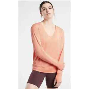 Athleta Sunrise V-Neck Sweatshirt Sz Lg Long Sleeve Soft Stretch Peach Heather