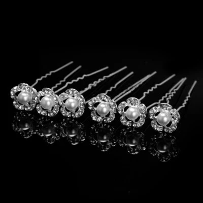 Rhinestone Flower With Center Pearl (imitation) Bridal Hair Pin - Set Of 6  - Image 1 of 4