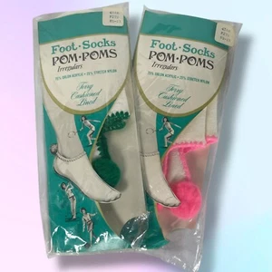 Lot of 2 Foot Socks Pom Poms Irregulars Tennis Orlon Nylon Pink Green 8.5 - 11 - Picture 1 of 6
