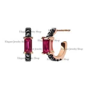 Black Diamonds & Rubies Huggie Hoops Earrings 14k Yellow Gold Handmade Jewelry - Picture 1 of 2