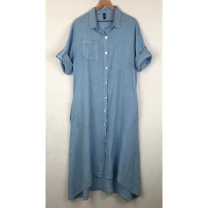 VENTI 6 100% Linen Lagenlook Midi Shirt Dress Sz M Blue Roll Tab Sleeve Pockets - Picture 1 of 9