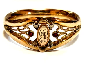Bracciale antico vittoriano oro pieno cerniera pietre rosse monogrammato - Foto 1 di 11