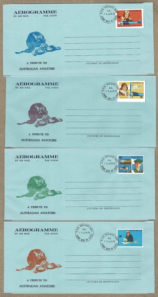 Australia 1978 BERGEN Signed AVIATORS Tribute Aerogramme x 4 Colours - image 1 of 2