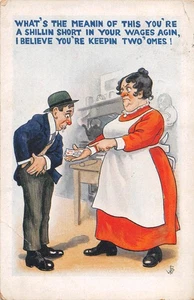 POSTCARD COMIC   BATTLEAXE WIFE  HUSBAND   WAGES TWO HOMES - Picture 1 of 2