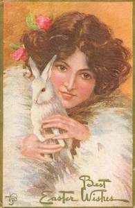 Vintage Postkarte Beste Osterwünsche Dame hält weißen Hasen, geprägt - Bild 1 von 2