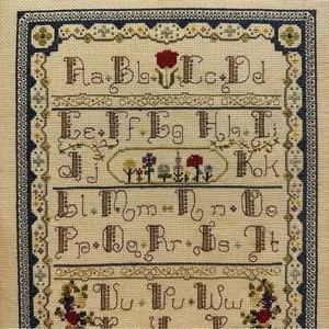 Vintage Framed Needlework Alphabet with Flowers Cross Stitch Hand Embroidery - Picture 1 of 10