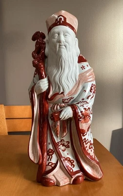 Estatua japonesa Kutani Jurojin Dios de la Sabiduría de la Suerte 19 pulgadas roja y blanca Foto 1 de 4