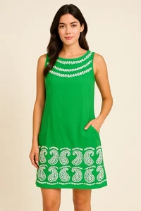 NWT Lilly Pulitzer Jacqueline Kelly Green White Paisley Embroidered Dress Sz 14 - Picture 1 of 9