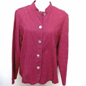 Blusa de lino con botones rosa fucsia bordada recortada Chico's talla 2 (M/12) - Imagen 1 de 10