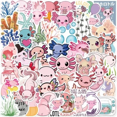 UK Axolotl Stickers 50 Pink Cute Kawaii Animal Decals Notebook Laptop Hydroflask - Image 1 of 4