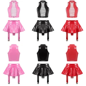 Conjunto de 2 piezas de ropa de club nocturno conjunto corto de cuero charol falda suave para mujer - Imagen 1 de 41