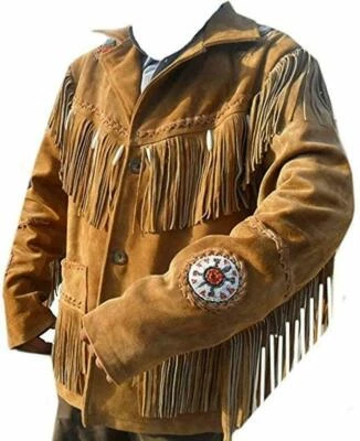 Men Western Cowboy Suede Fringe Jacket Beaded Native American Leather Jacket - Image 1 of 4