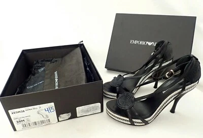 Sandalias de tacón Emporio Armani de plataforma de cuero talla 38,5 Italia EE. UU. 8 $695 PRECIO DE VENTA SUGERIDO POR EL FABRICANTE Foto 1 de 4