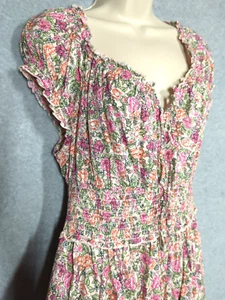 Vecchio Maxi Abito Navy M Vita Smocked Floreale Cottage Sweetheart Damigella Ventilato - Foto 1 di 7