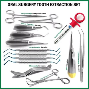 Dental Extracting Kit Oral Surgery Tooth Extraction Elevators Kelly Forceps 14PC - Picture 1 of 10